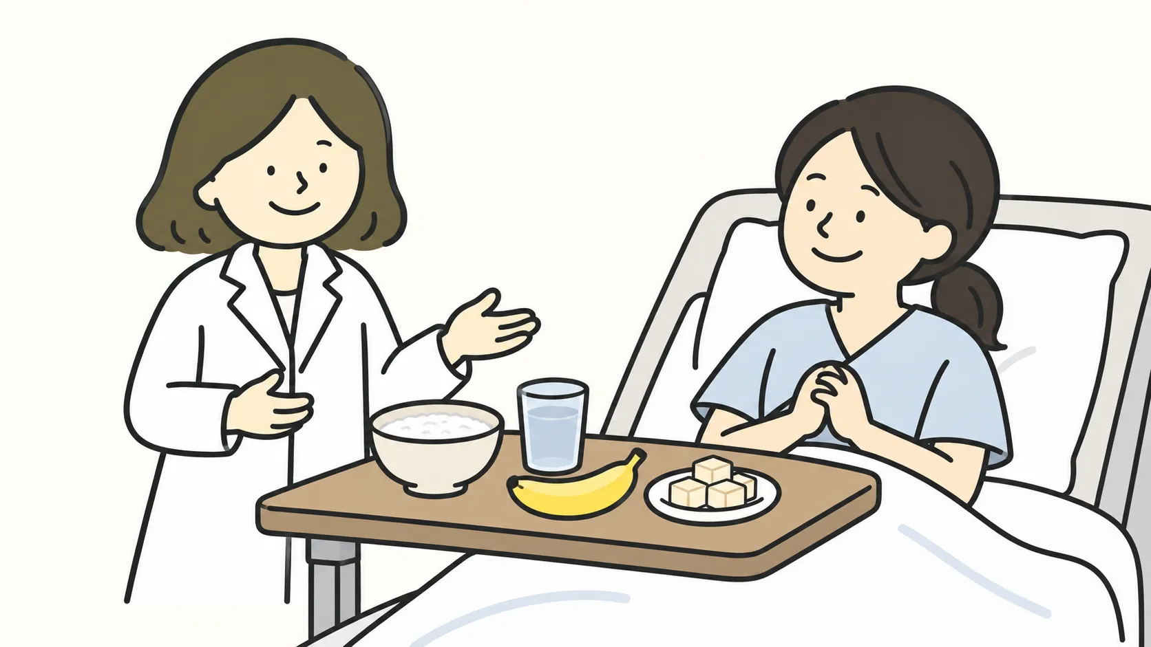魏醫師站在病床旁做出「請慢慢吃」的手勢，床邊小桌上放著白粥、溫水、香蕉和豆腐