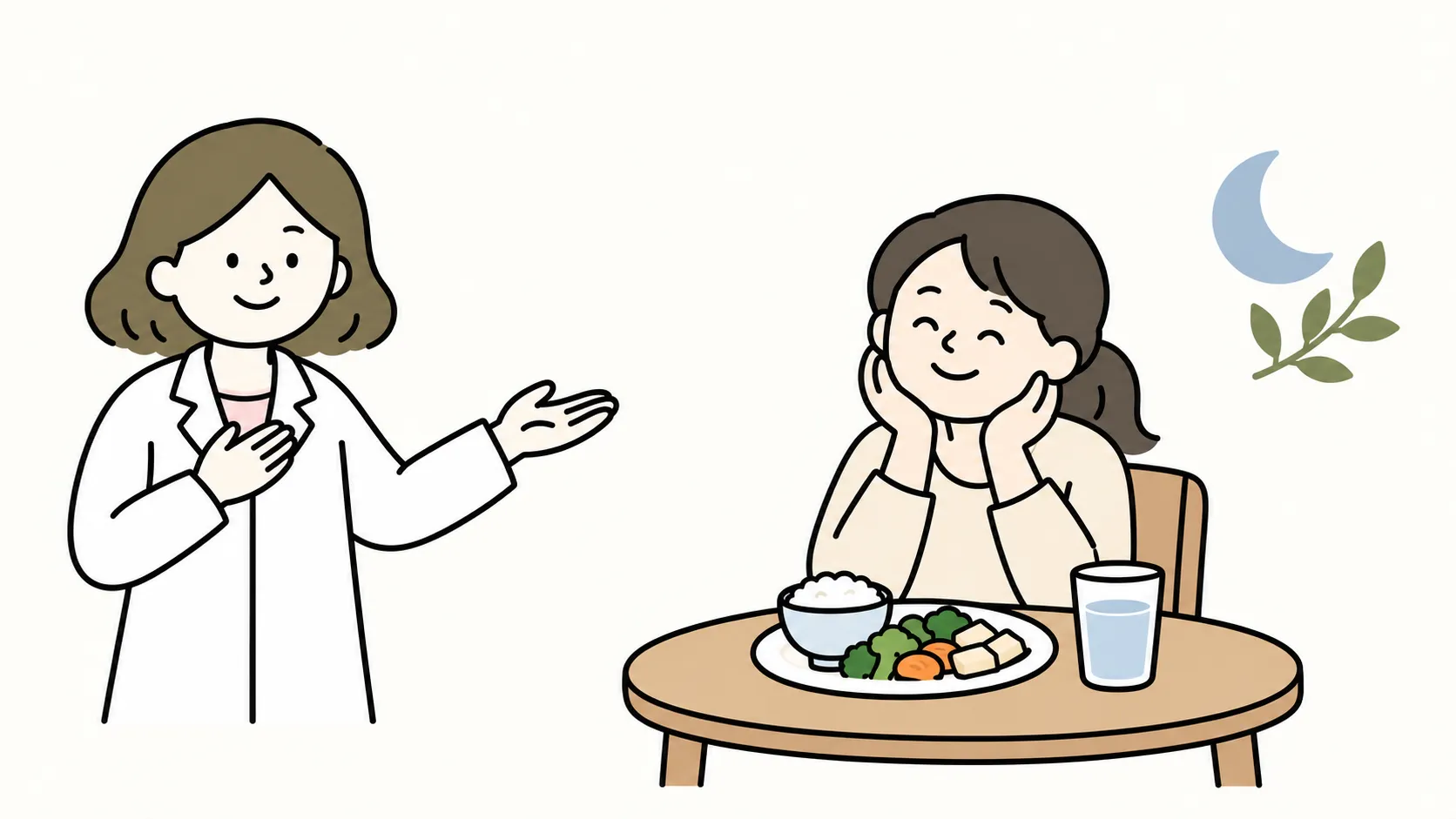 魏醫師比出安心的手勢，病人在家好好吃飯，旁邊一彎月亮代表好好睡覺