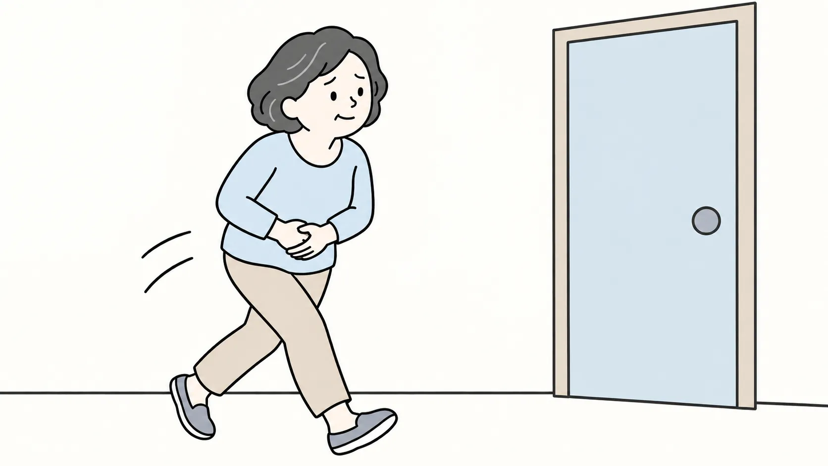 一位女性一手按著下腹、快步走向廁所門，表情焦急
